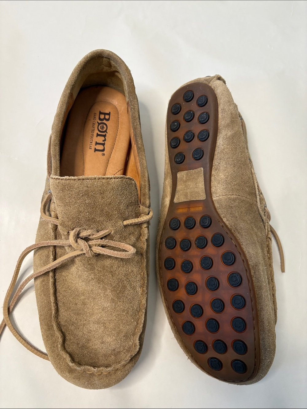 Born Men's Tan Suede Leather Loafers Driving Boat Shoes Moccasins Hand Crafted